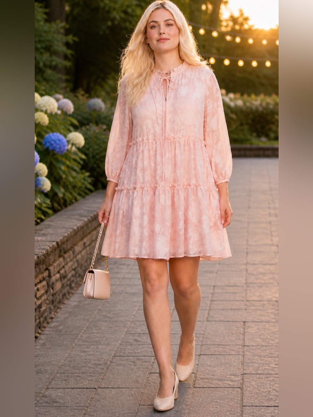 🎀 Eloquii Floral Tiered Mini Dress, Size 20 in Ballet Pink, NWT